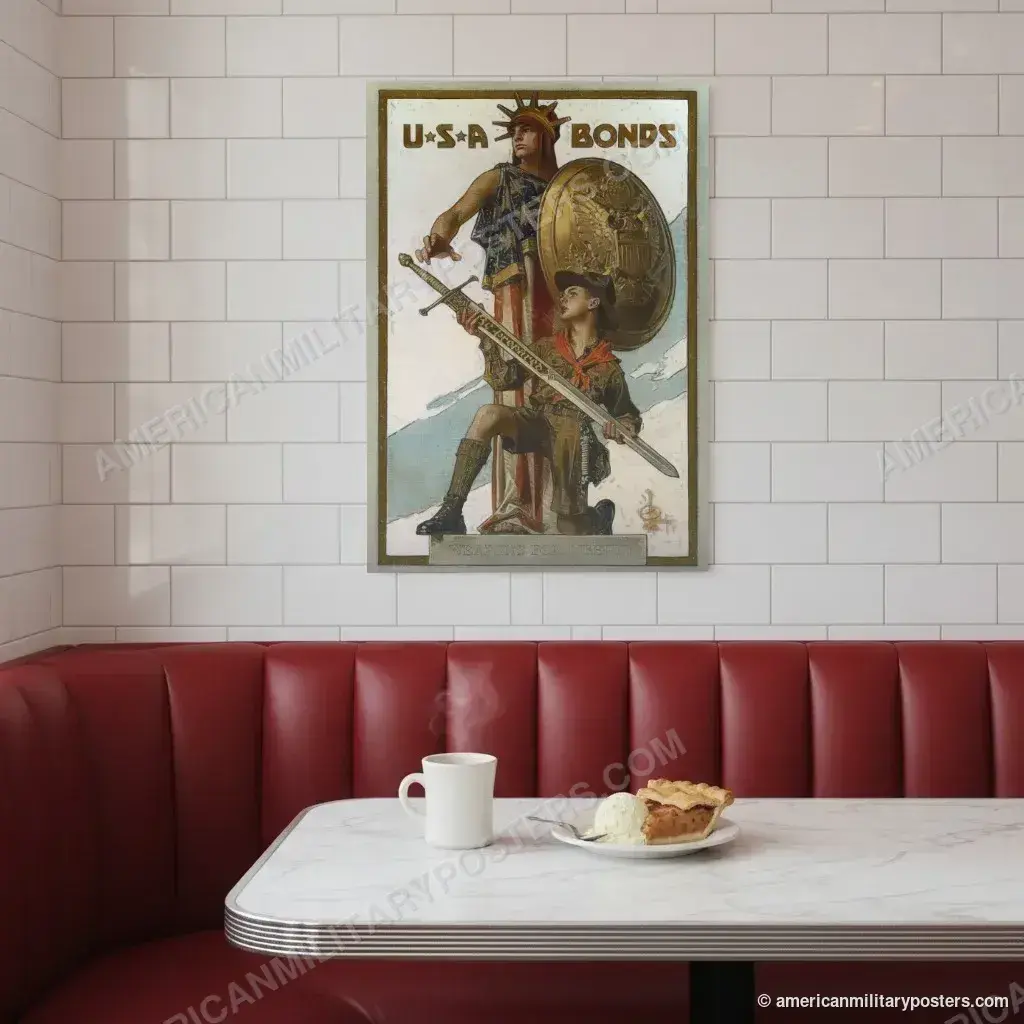 U.S.A. Bonds: Weapons for Liberty poster, unframed print on a tiled wall above a retro diner booth