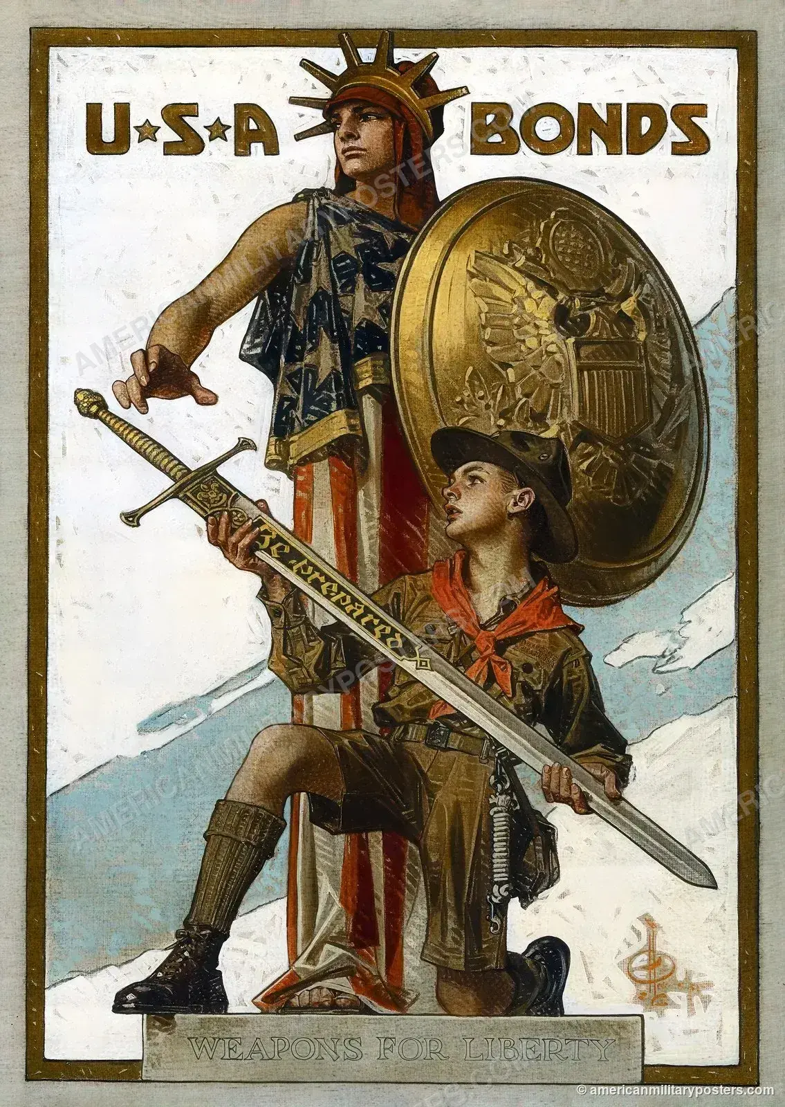 USA Bonds Weapons for Liberty 1918 poster by J. C. Leyendecker, a kneeling Boy Scout hands a sword marked Be Prepared to Liberty holding a shield, restored