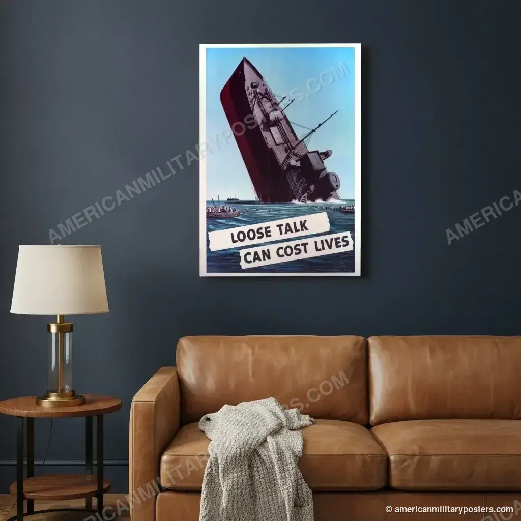 Loose Talk Can Cost Lives poster, unframed print on a navy living room wall above a leather sofa