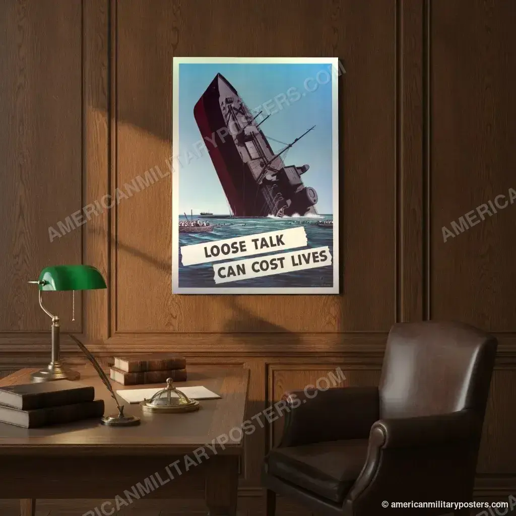 Loose Talk Can Cost Lives poster, unframed print on an oak-panelled study wall above a desk