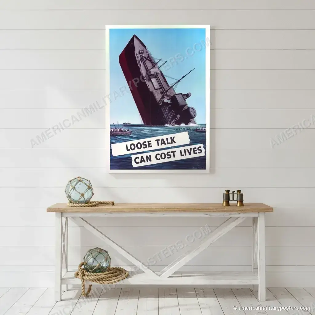 Loose Talk Can Cost Lives poster, unframed print on a white shiplap wall in a coastal hallway