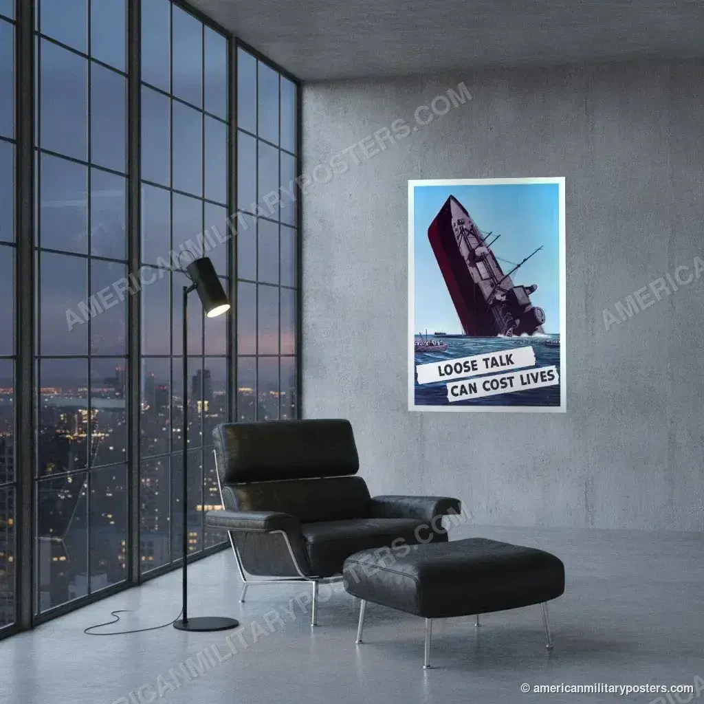 Loose Talk Can Cost Lives poster, unframed print on a concrete wall in a city loft