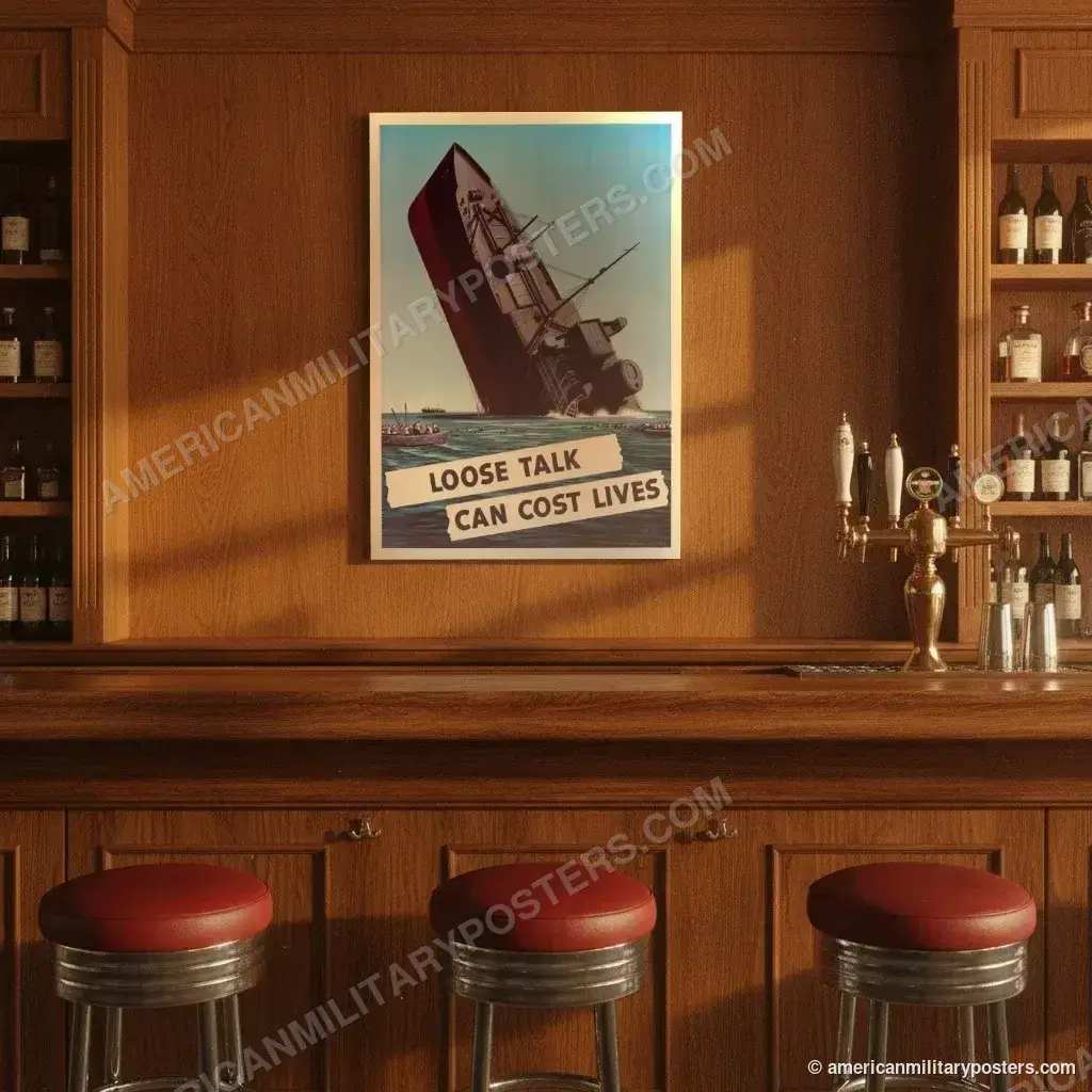 Loose Talk Can Cost Lives poster, unframed print on the wall of a classic American bar