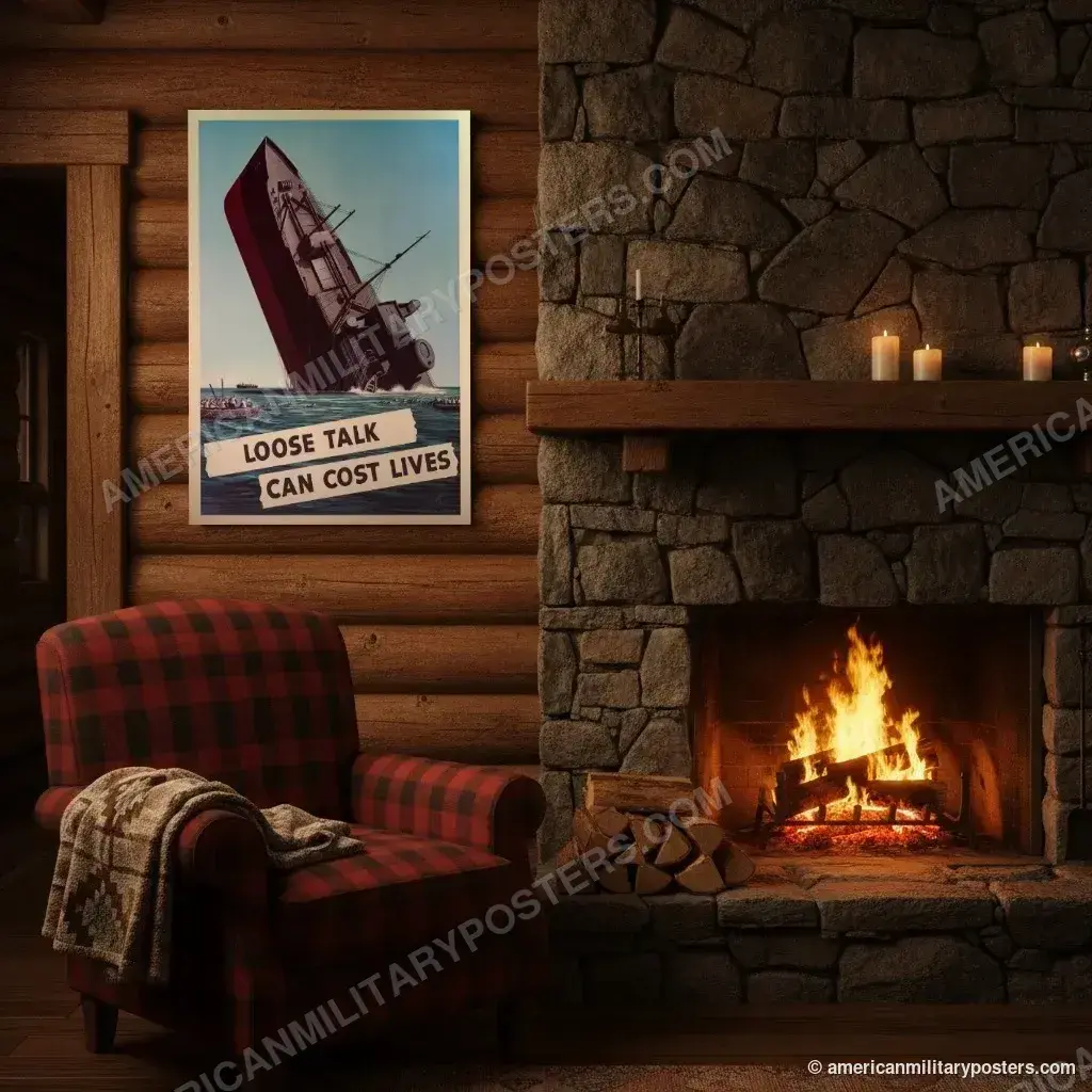 Loose Talk Can Cost Lives poster, unframed print on a log cabin wall beside a fireplace
