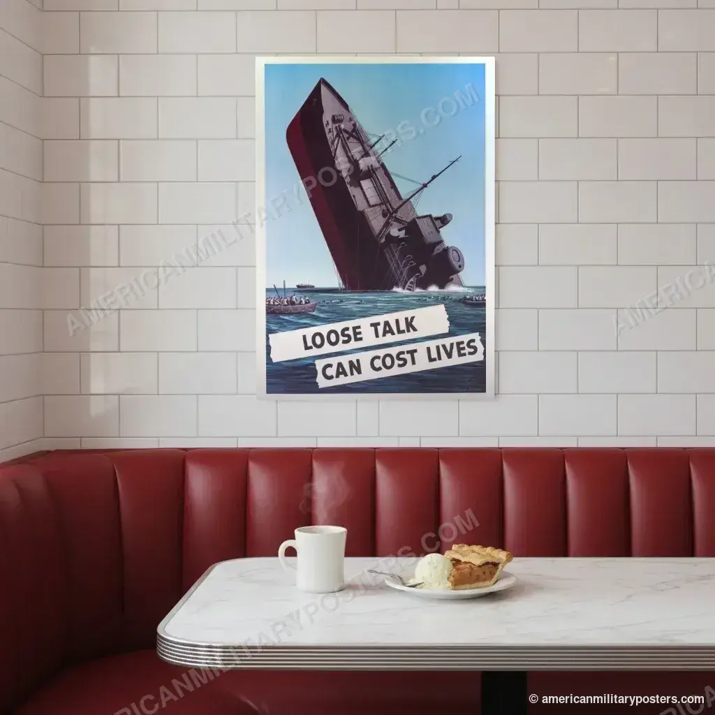 Loose Talk Can Cost Lives poster, unframed print on a tiled wall above a retro diner booth