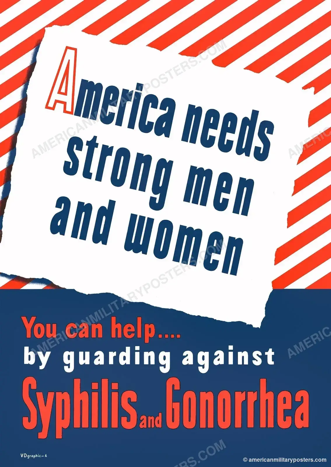 Restored WWII U.S. Public Health Service poster: America needs strong men and women, you can help by guarding against syphilis and gonorrhea