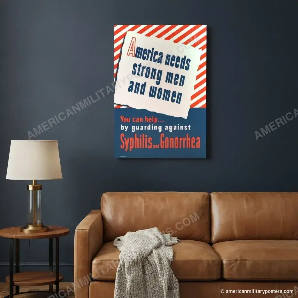 America Needs Strong Men and Women poster, unframed print on a navy living room wall above a leather sofa