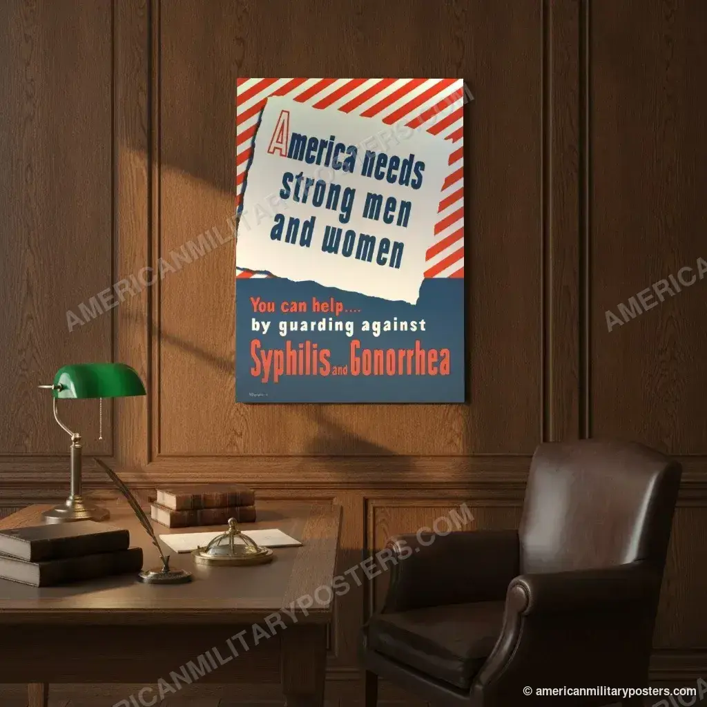 America Needs Strong Men and Women poster, unframed print on an oak-panelled study wall above a desk