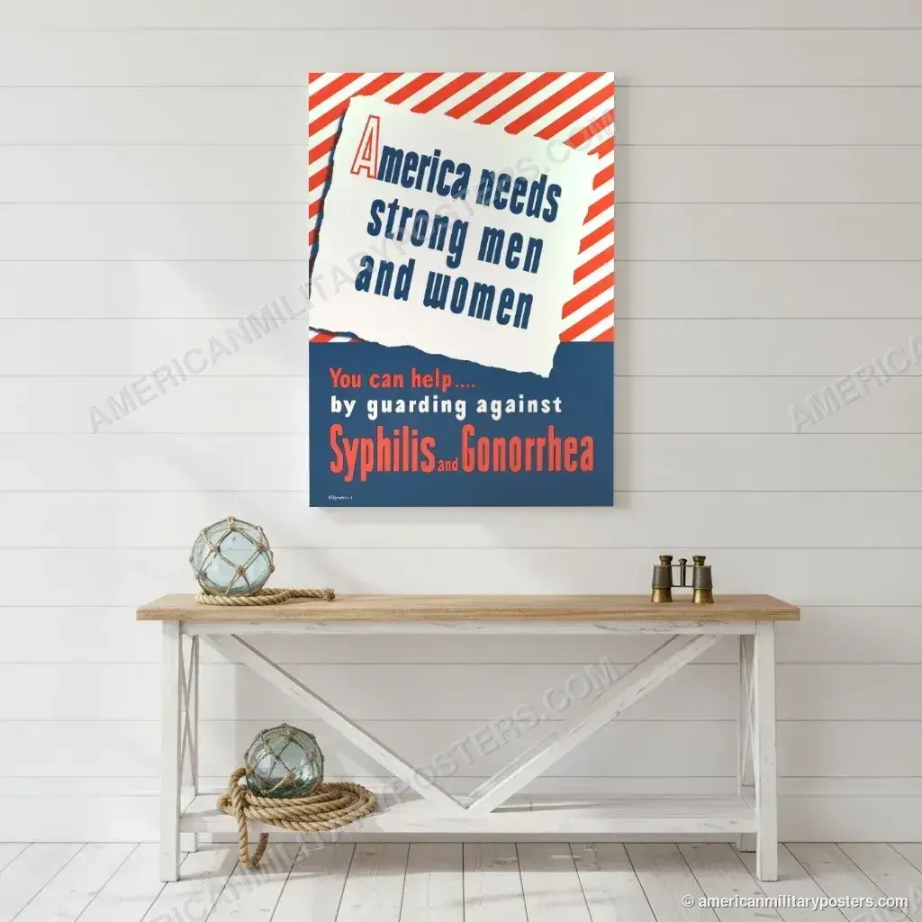 America Needs Strong Men and Women poster, unframed print on a white shiplap wall in a coastal hallway