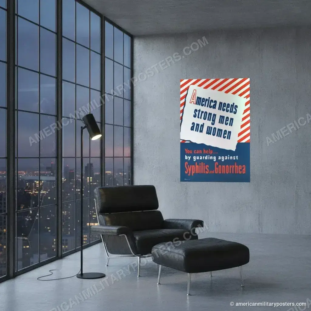 America Needs Strong Men and Women poster, unframed print on a concrete wall in a city loft