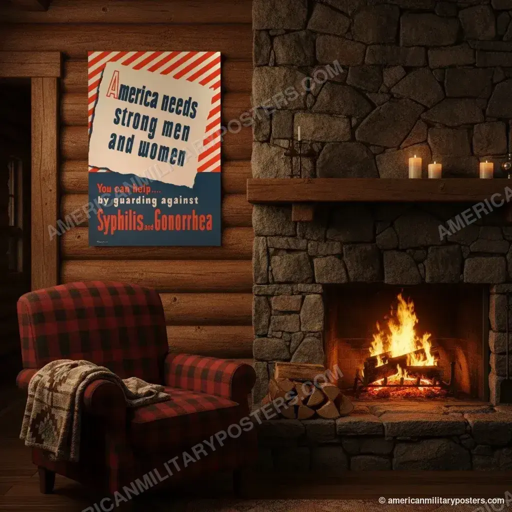 America Needs Strong Men and Women poster, unframed print on a log cabin wall beside a fireplace