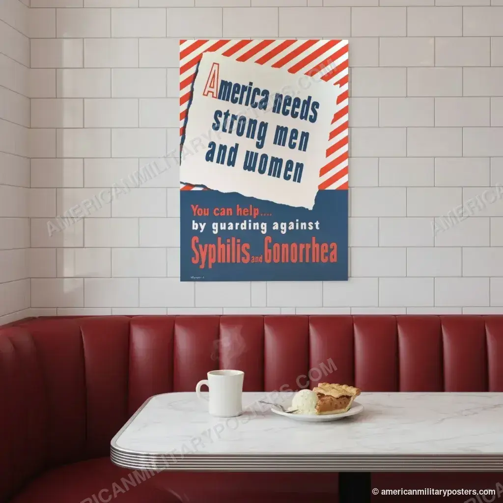 America Needs Strong Men and Women poster, unframed print on a tiled wall above a retro diner booth