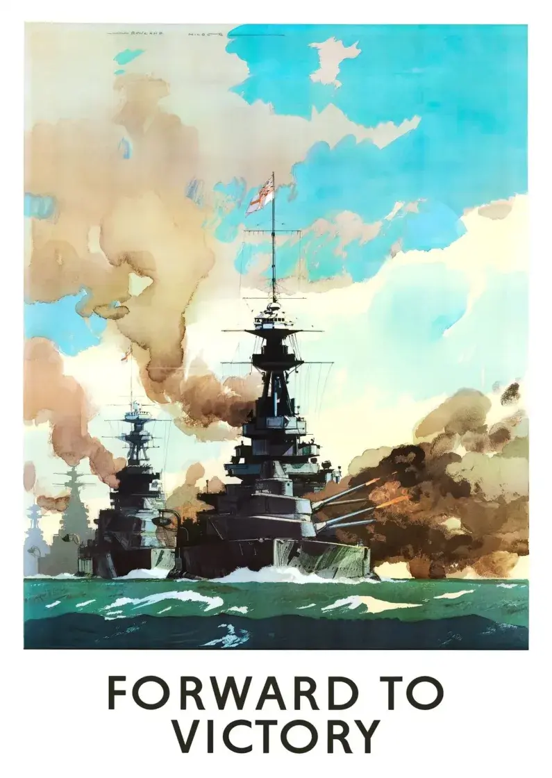 Forward to Victory, restored British WWII Royal Navy poster by Rowland Hilder: battleships in line firing a broadside under a watercolour sky
