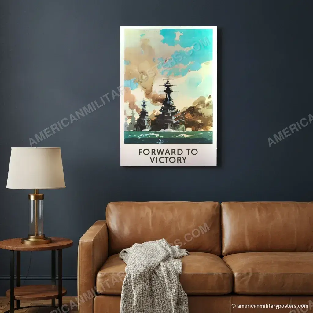Forward to Victory poster, unframed print on a navy living room wall above a leather sofa