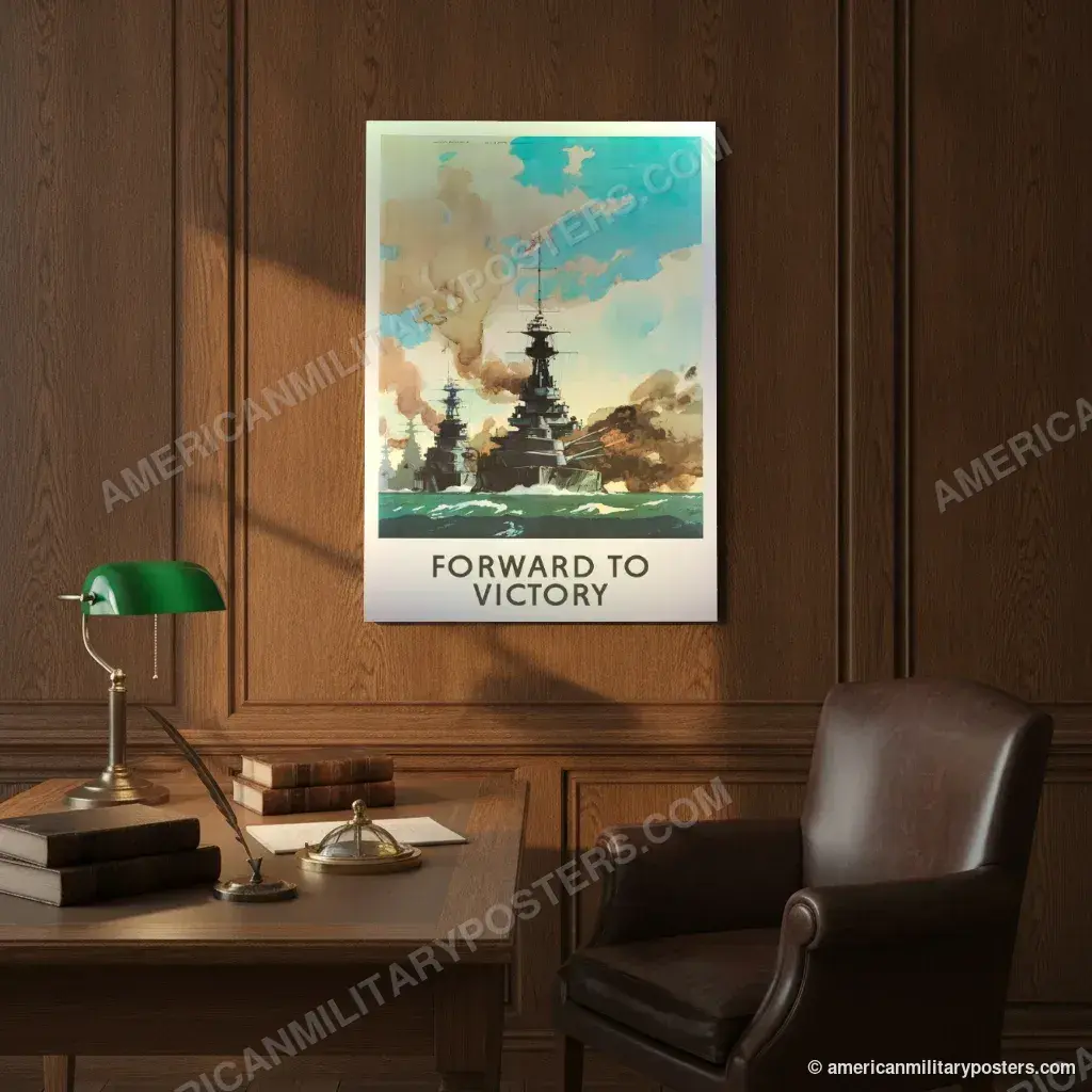 Forward to Victory poster, unframed print on an oak-panelled study wall above a desk