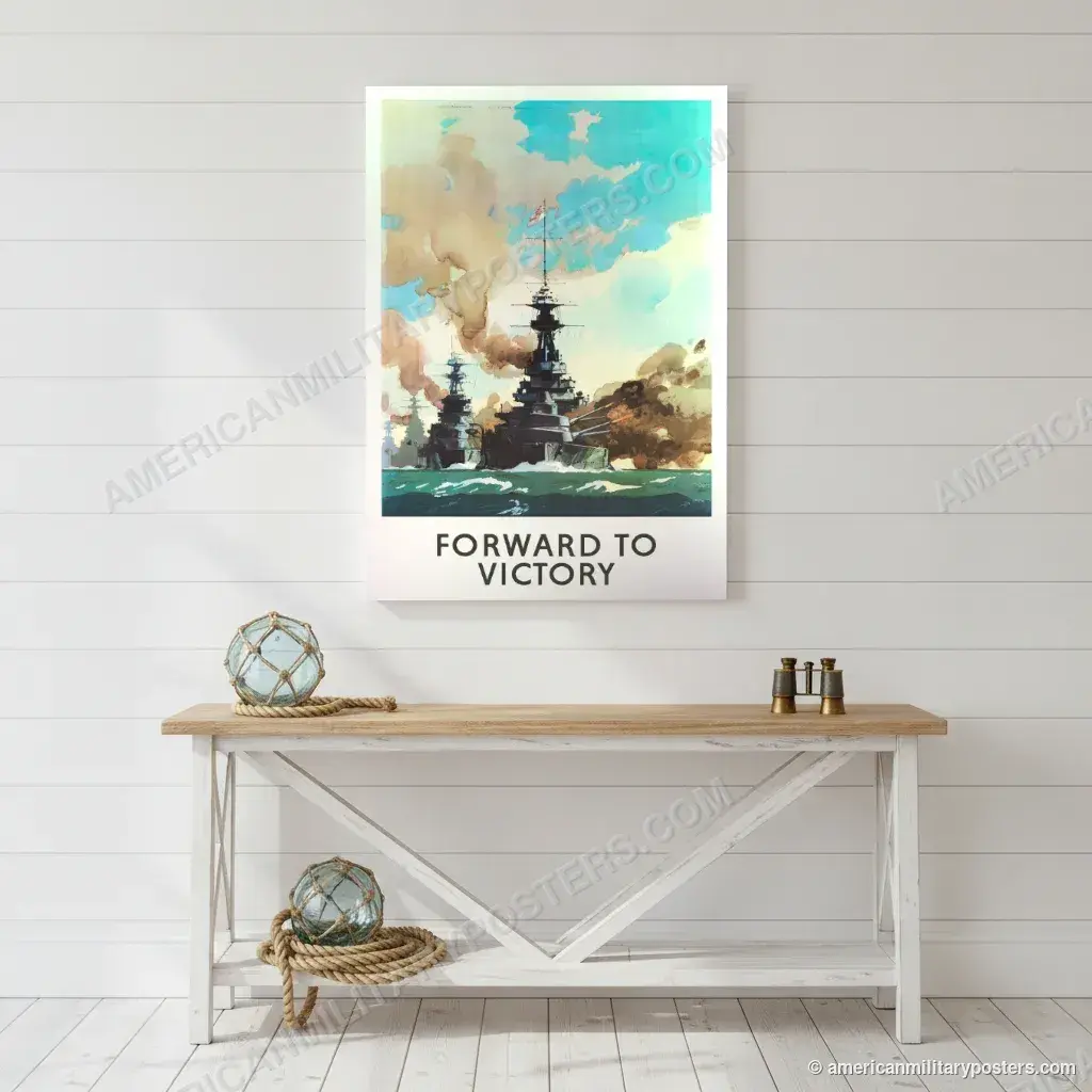Forward to Victory poster, unframed print on a white shiplap wall in a coastal hallway