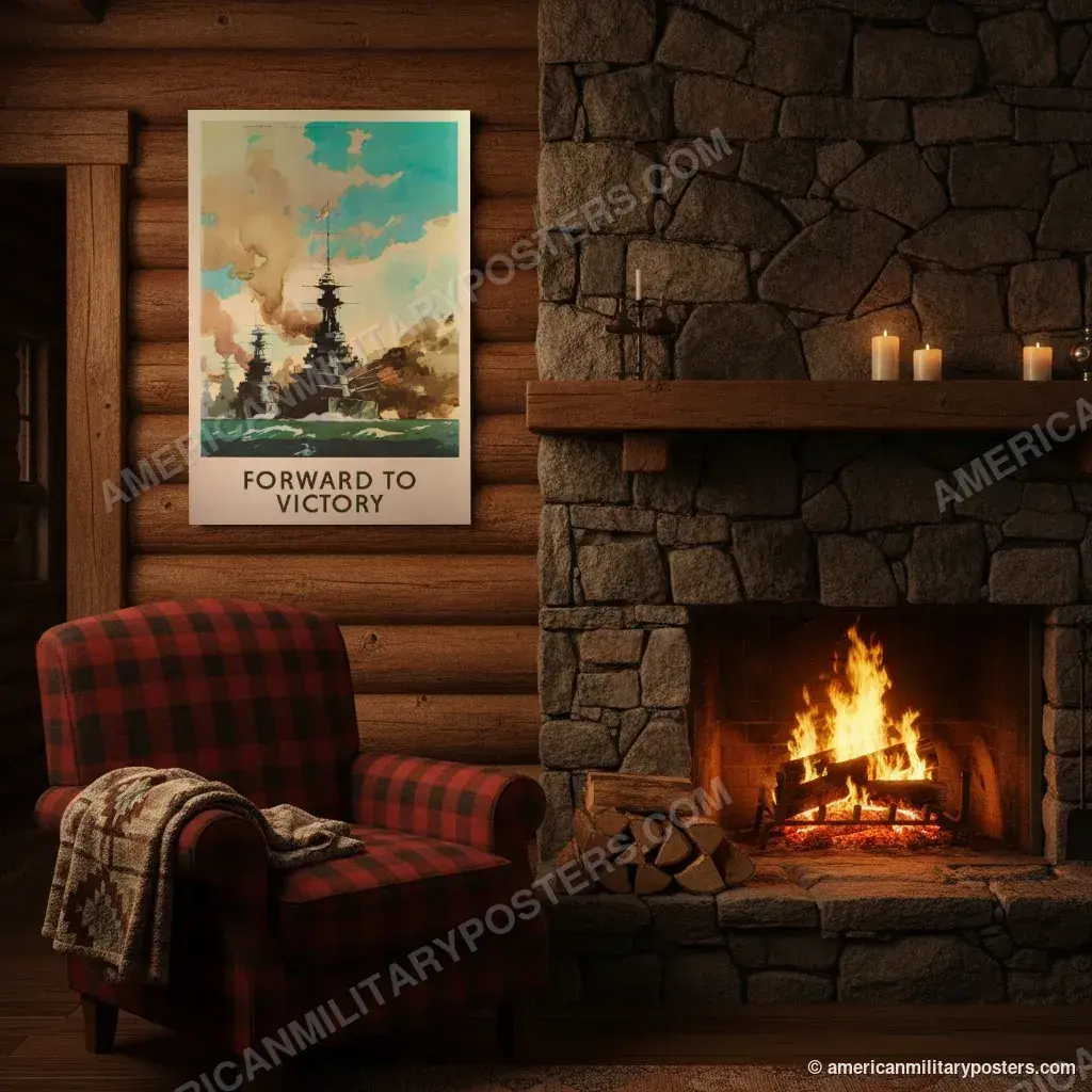 Forward to Victory poster, unframed print on a log cabin wall beside a fireplace