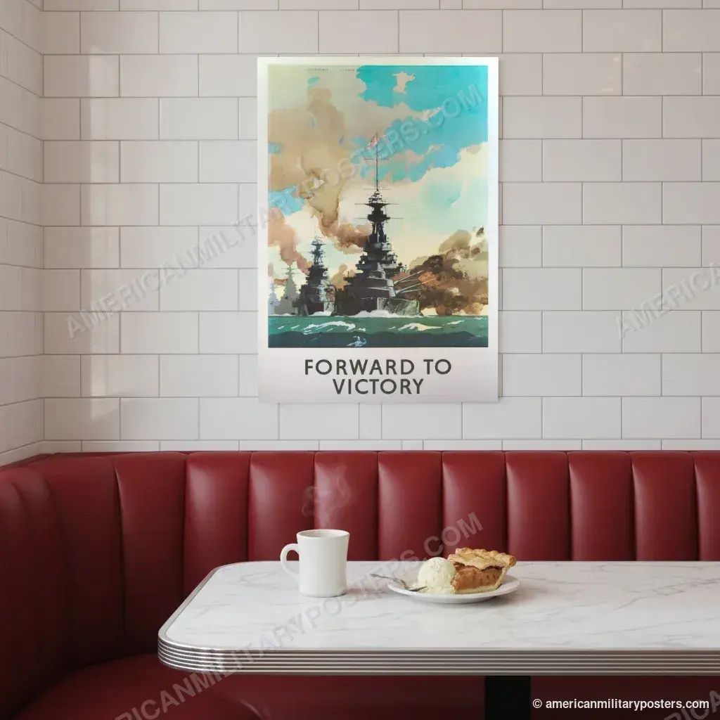 Forward to Victory poster, unframed print on a tiled wall above a retro diner booth
