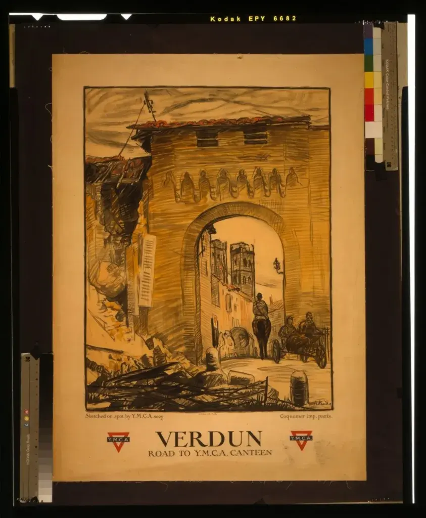 Verdun Road to YMCA Canteen poster before restoration, Library of Congress scan