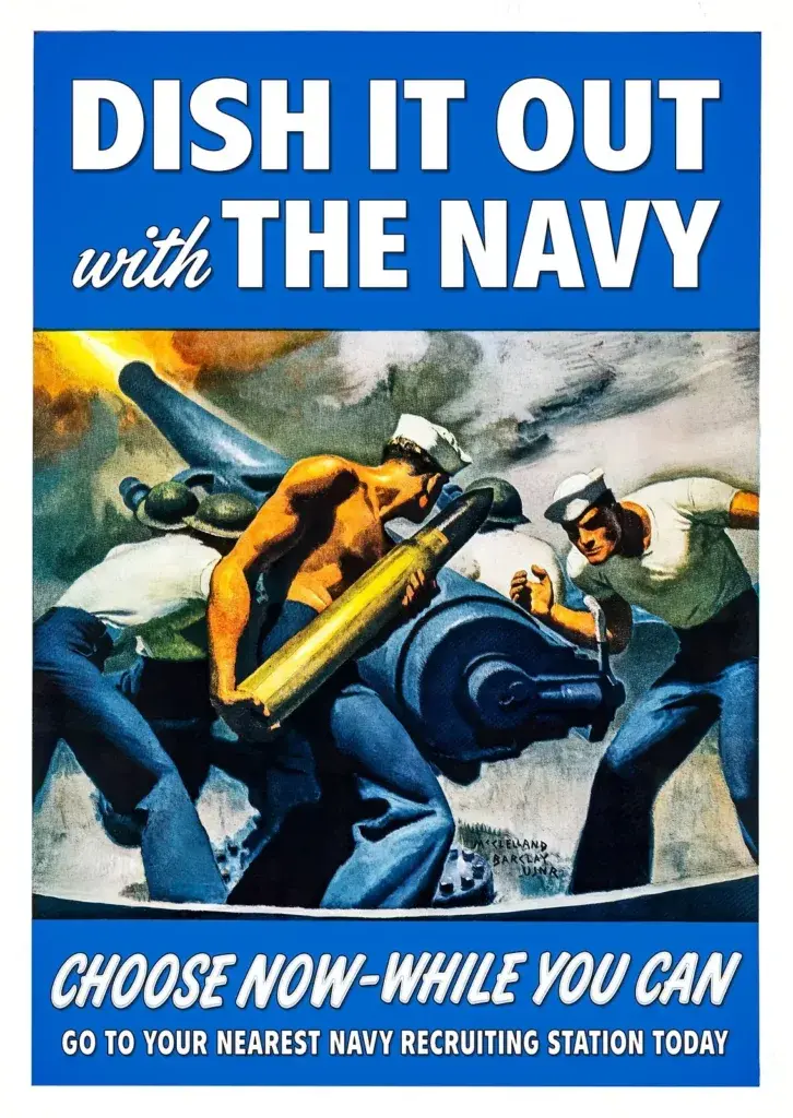 Dish it Out With the Navy, 1942 U.S. Navy recruiting poster by McClelland Barclay: a gun crew loading a heavy shell into a firing deck gun, restored