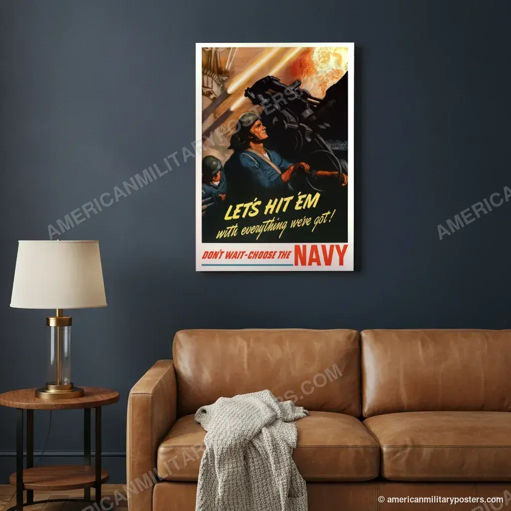 Let’s Hit ’Em With Everything We’ve Got poster, unframed print on a navy living room wall above a leather sofa