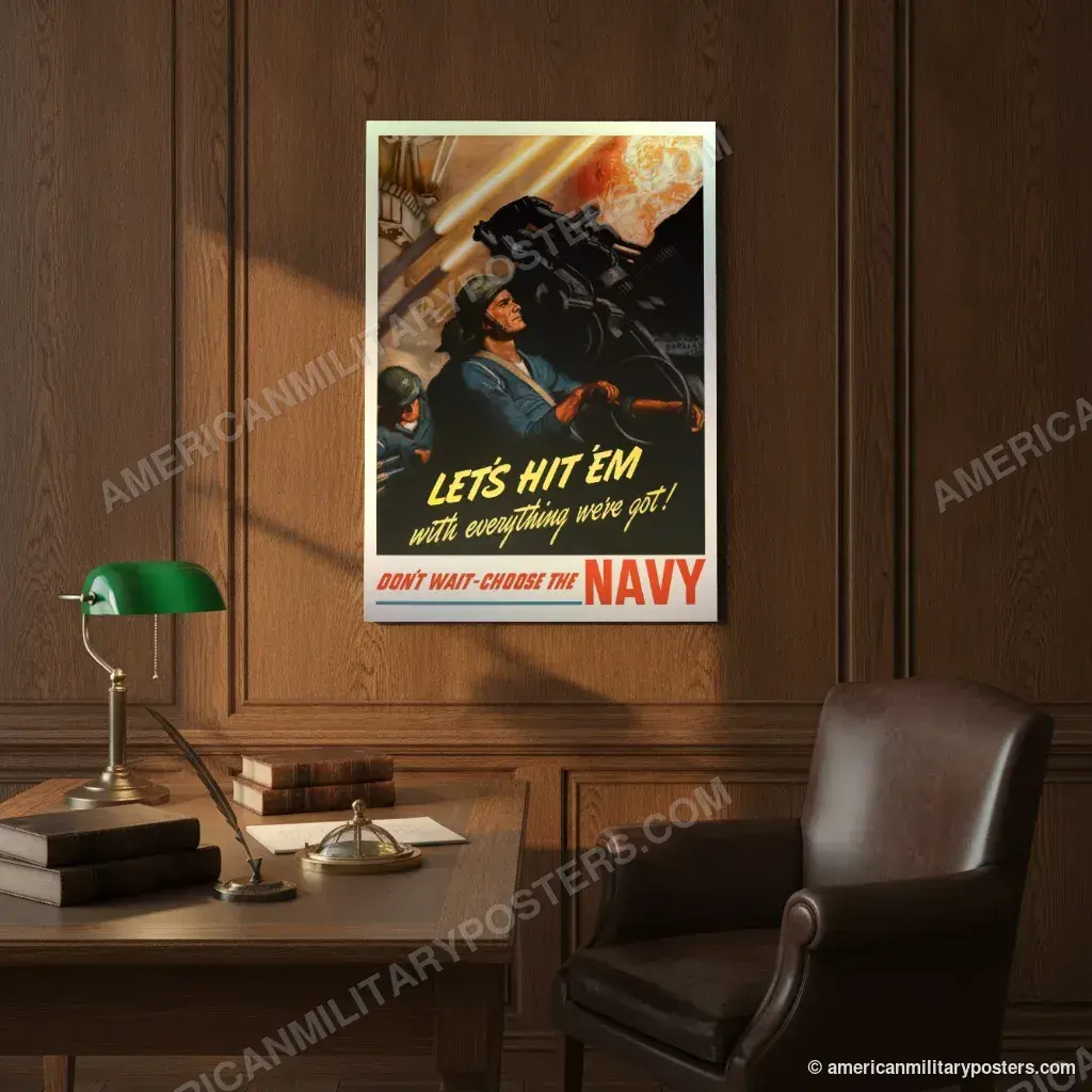 Let’s Hit ’Em With Everything We’ve Got poster, unframed print on an oak-panelled study wall above a desk