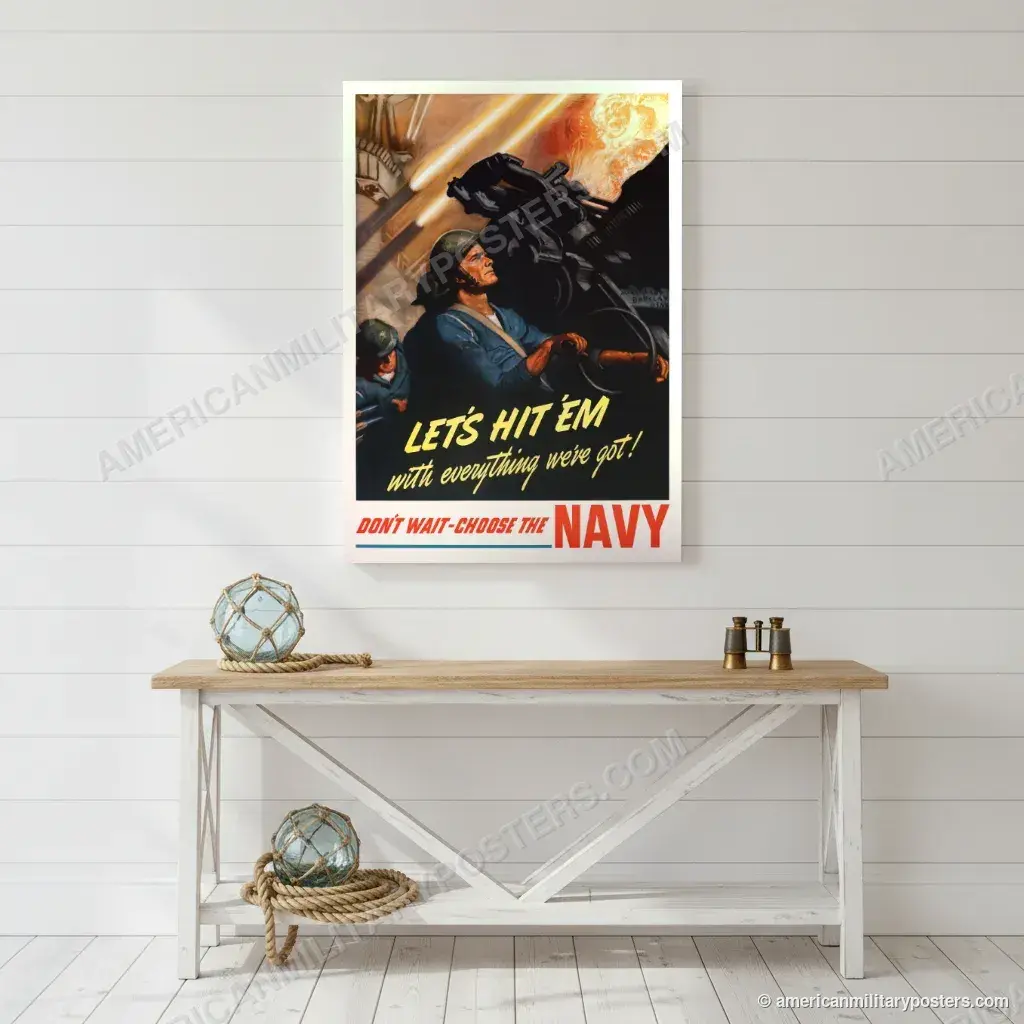Let’s Hit ’Em With Everything We’ve Got poster, unframed print on a white shiplap wall in a coastal hallway