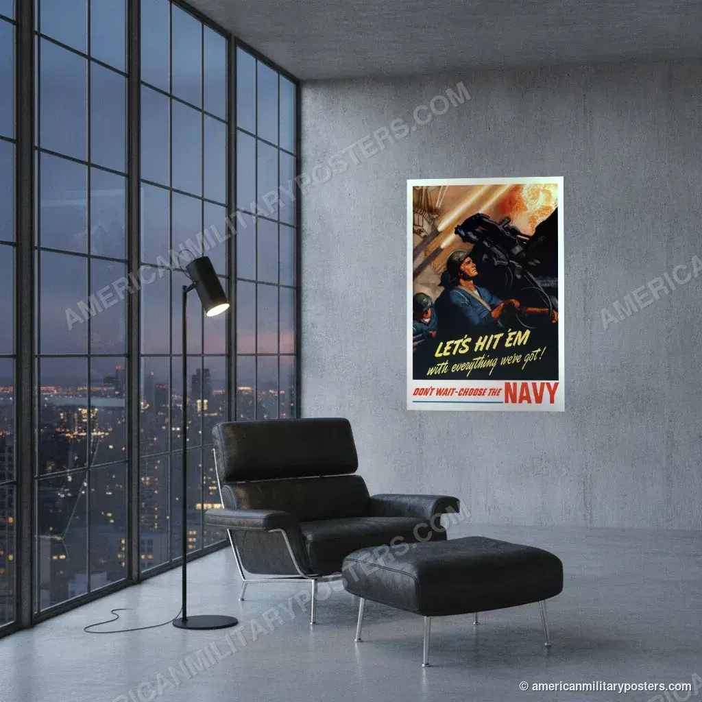 Let’s Hit ’Em With Everything We’ve Got poster, unframed print on a concrete wall in a city loft