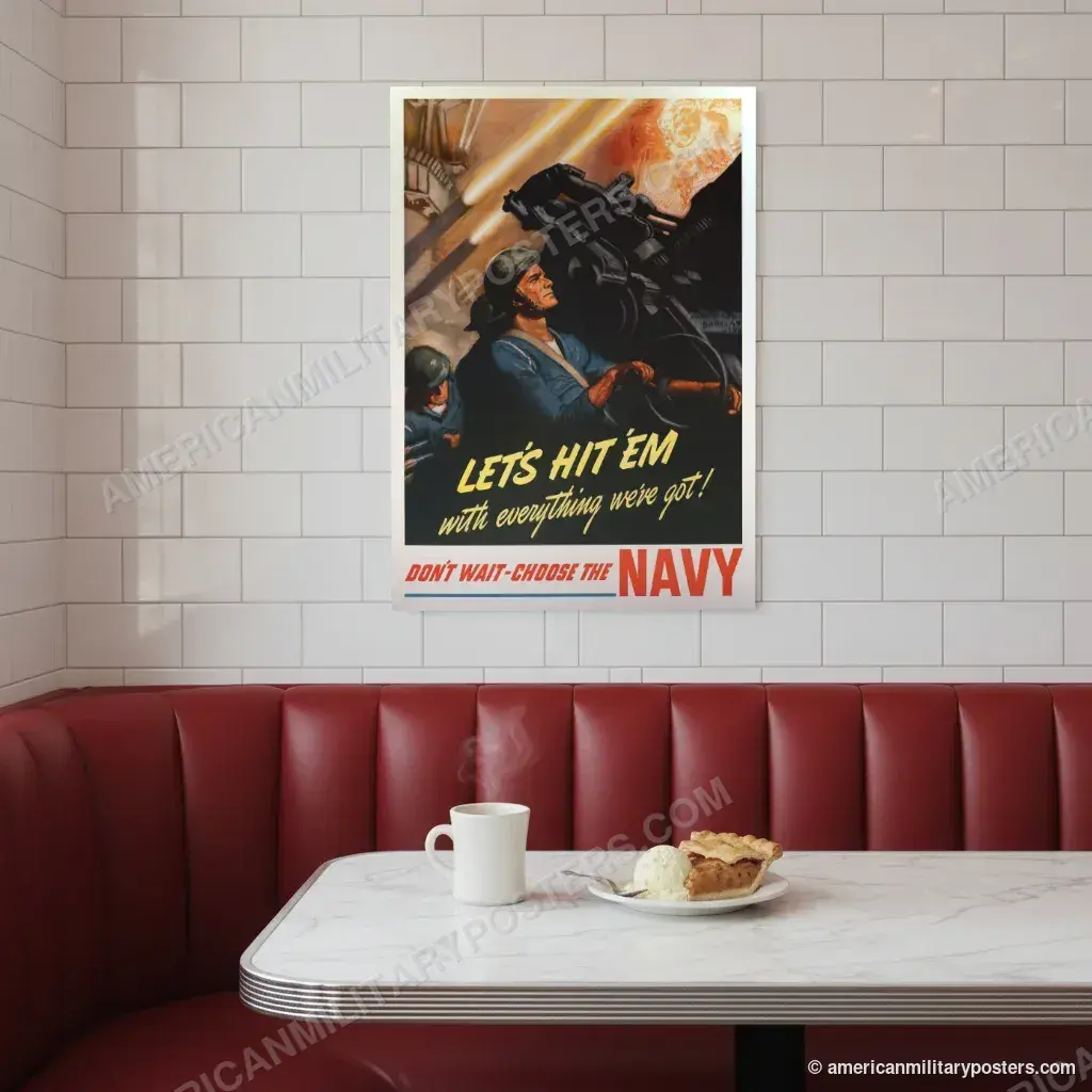 Let’s Hit ’Em With Everything We’ve Got poster, unframed print on a tiled wall above a retro diner booth