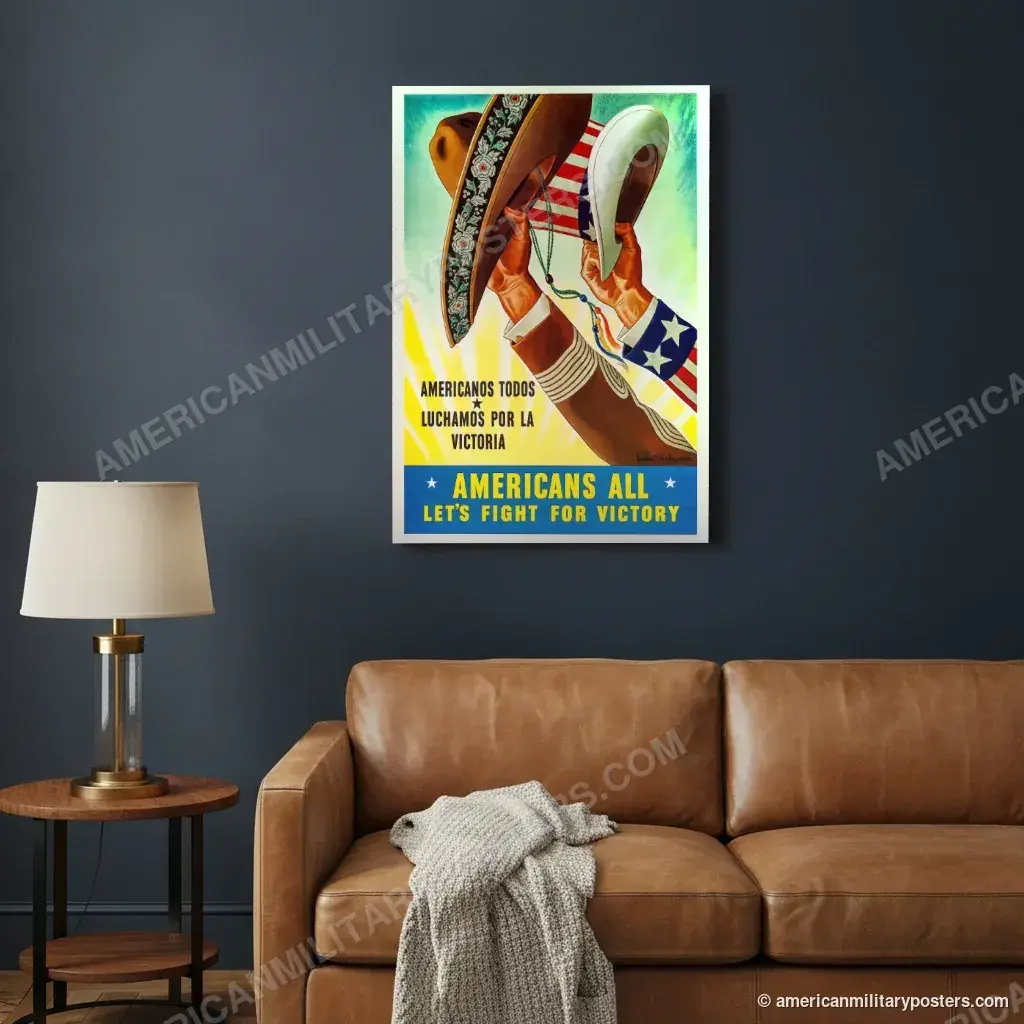 Americans All, Let’s Fight for Victory poster, unframed print on a navy living room wall above a leather sofa
