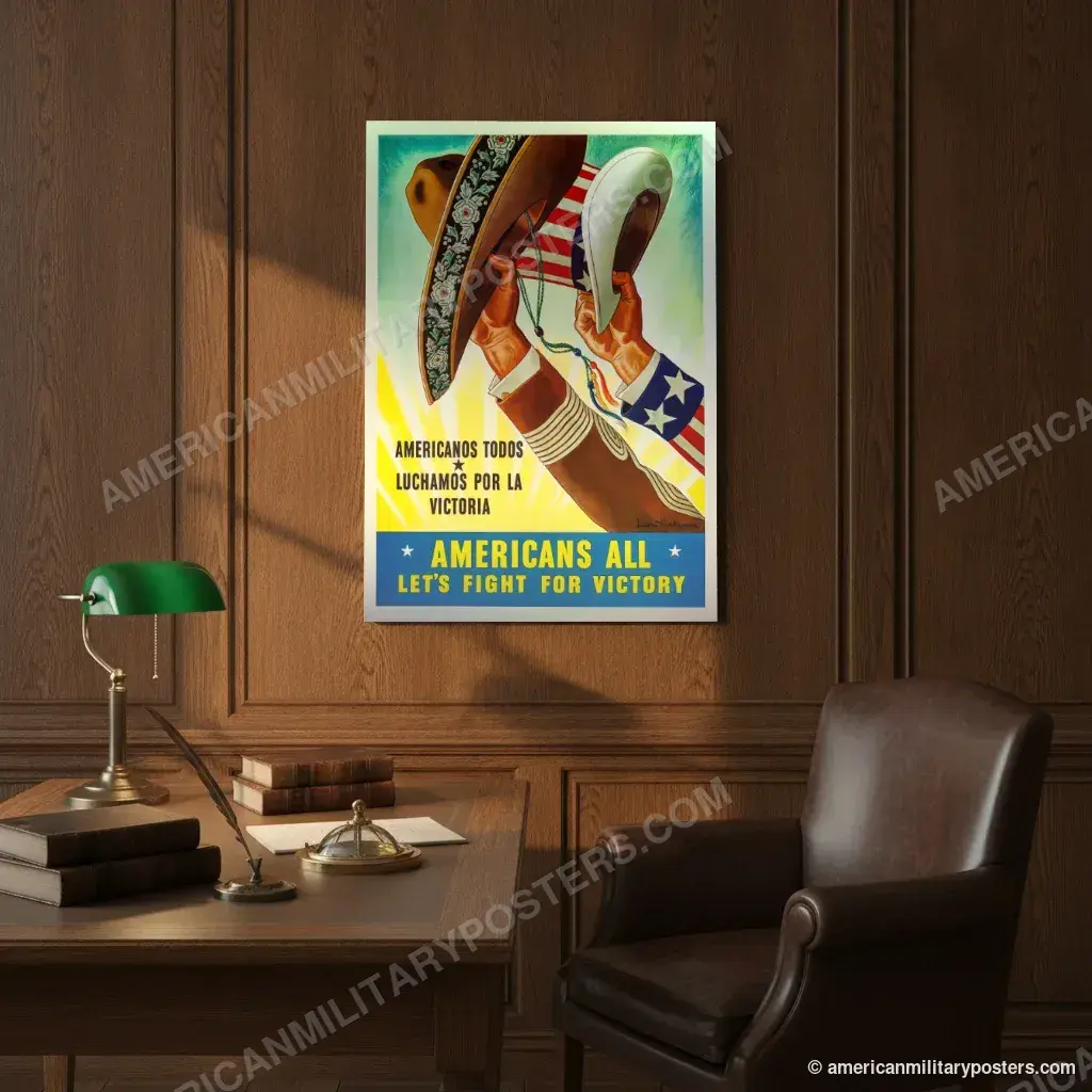 Americans All, Let’s Fight for Victory poster, unframed print on an oak-panelled study wall above a desk