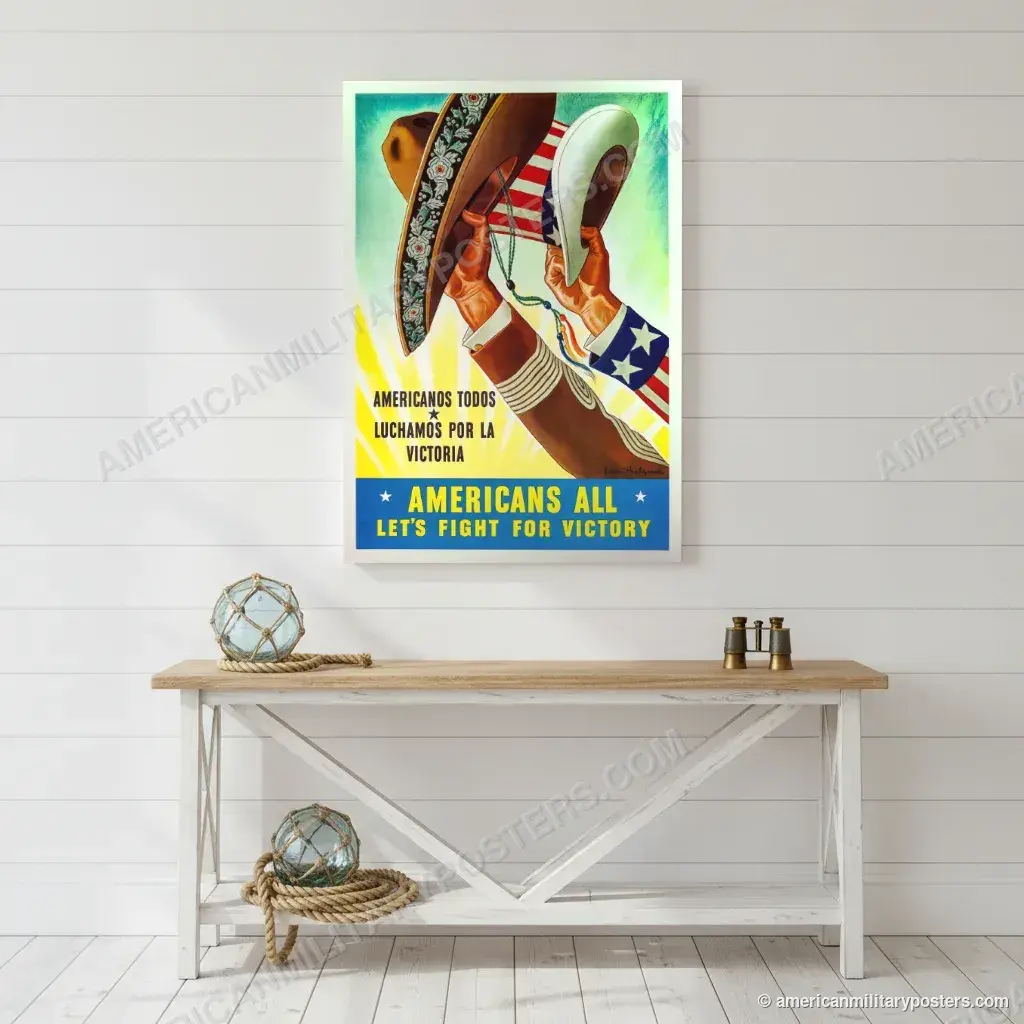 Americans All, Let’s Fight for Victory poster, unframed print on a white shiplap wall in a coastal hallway