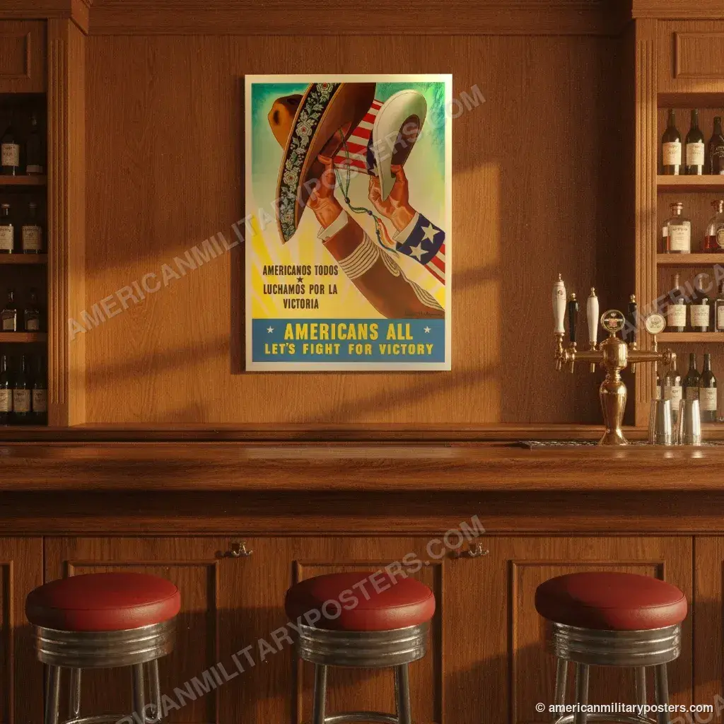 Americans All, Let’s Fight for Victory poster, unframed print on the wall of a classic American bar