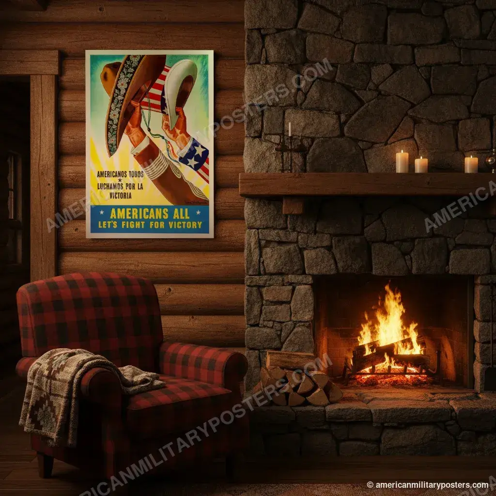 Americans All, Let’s Fight for Victory poster, unframed print on a log cabin wall beside a fireplace