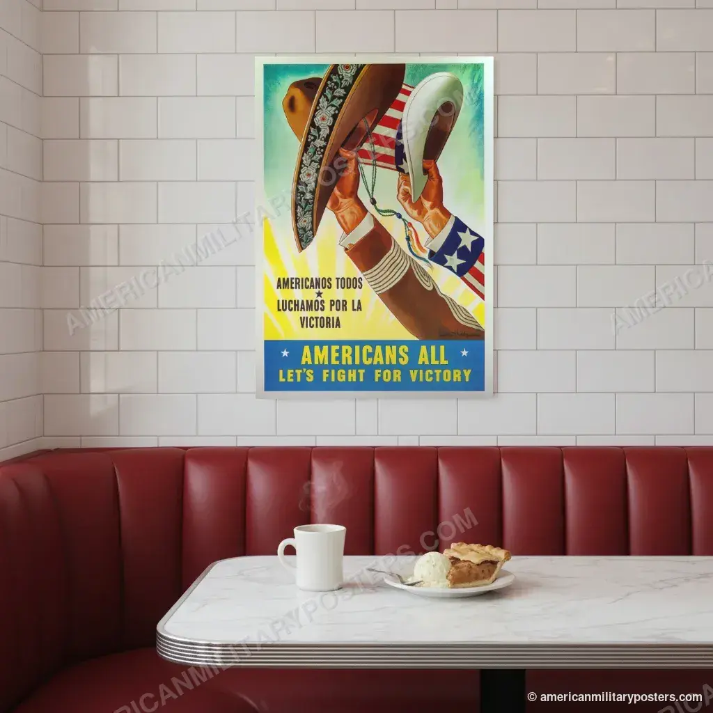 Americans All, Let’s Fight for Victory poster, unframed print on a tiled wall above a retro diner booth