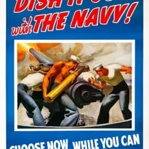 Dish It Out With the Navy! red-lettered 1942 U.S. Navy recruiting poster by McClelland Barclay: a gun crew loading a deck gun, framed in white on a blue field with an anchor emblem, restored
