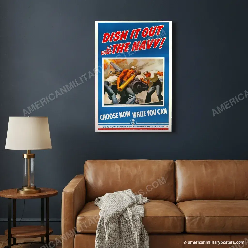 Dish It Out With the Navy! (red lettering) poster, unframed print on a navy living room wall above a leather sofa