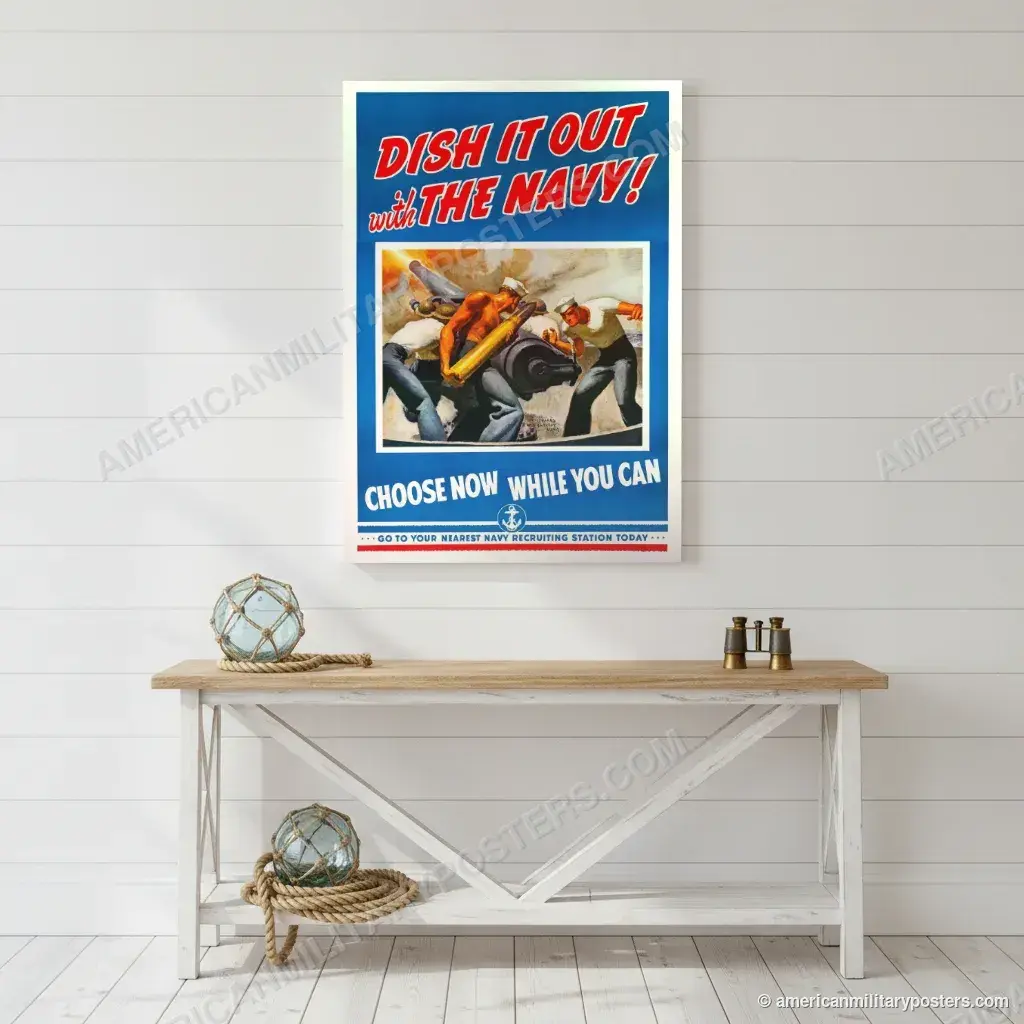 Dish It Out With the Navy! (red lettering) poster, unframed print on a white shiplap wall in a coastal hallway