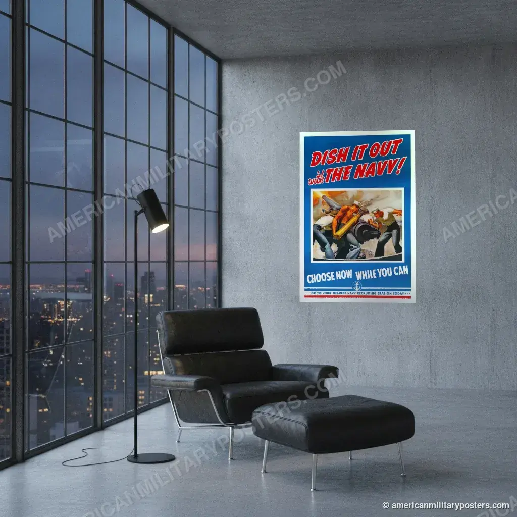 Dish It Out With the Navy! (red lettering) poster, unframed print on a concrete wall in a city loft