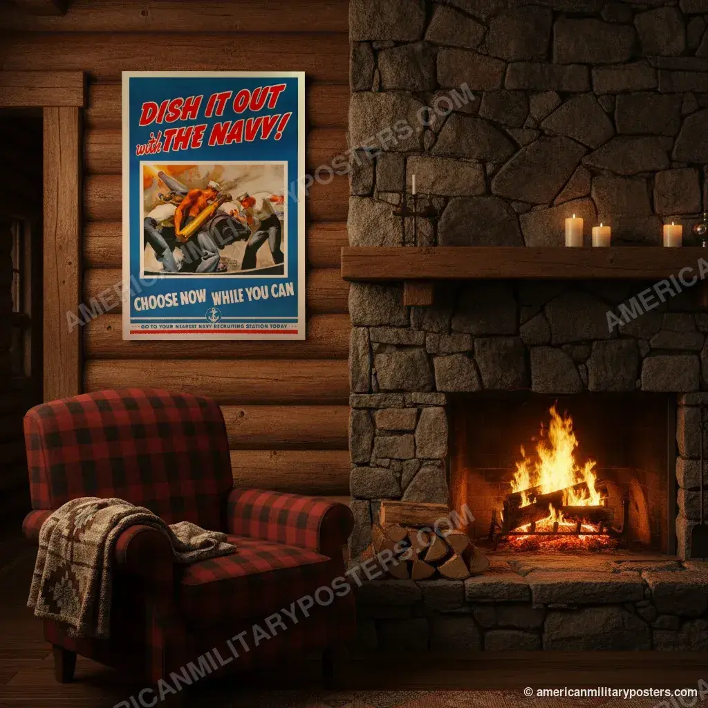 Dish It Out With the Navy! (red lettering) poster, unframed print on a log cabin wall beside a fireplace