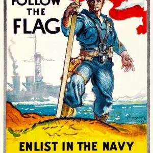 Follow the Flag, Enlist in the Navy, restored 1917 WWI U.S. Navy recruiting poster by James Daugherty: a sailor striding ashore with a flag as a battleship steams behind him