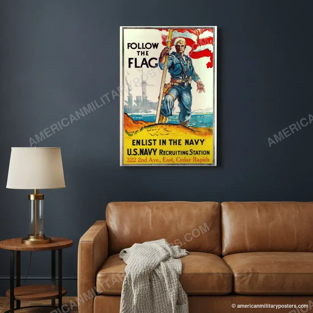 Follow the Flag, Enlist in the Navy poster, unframed print on a navy living room wall above a leather sofa