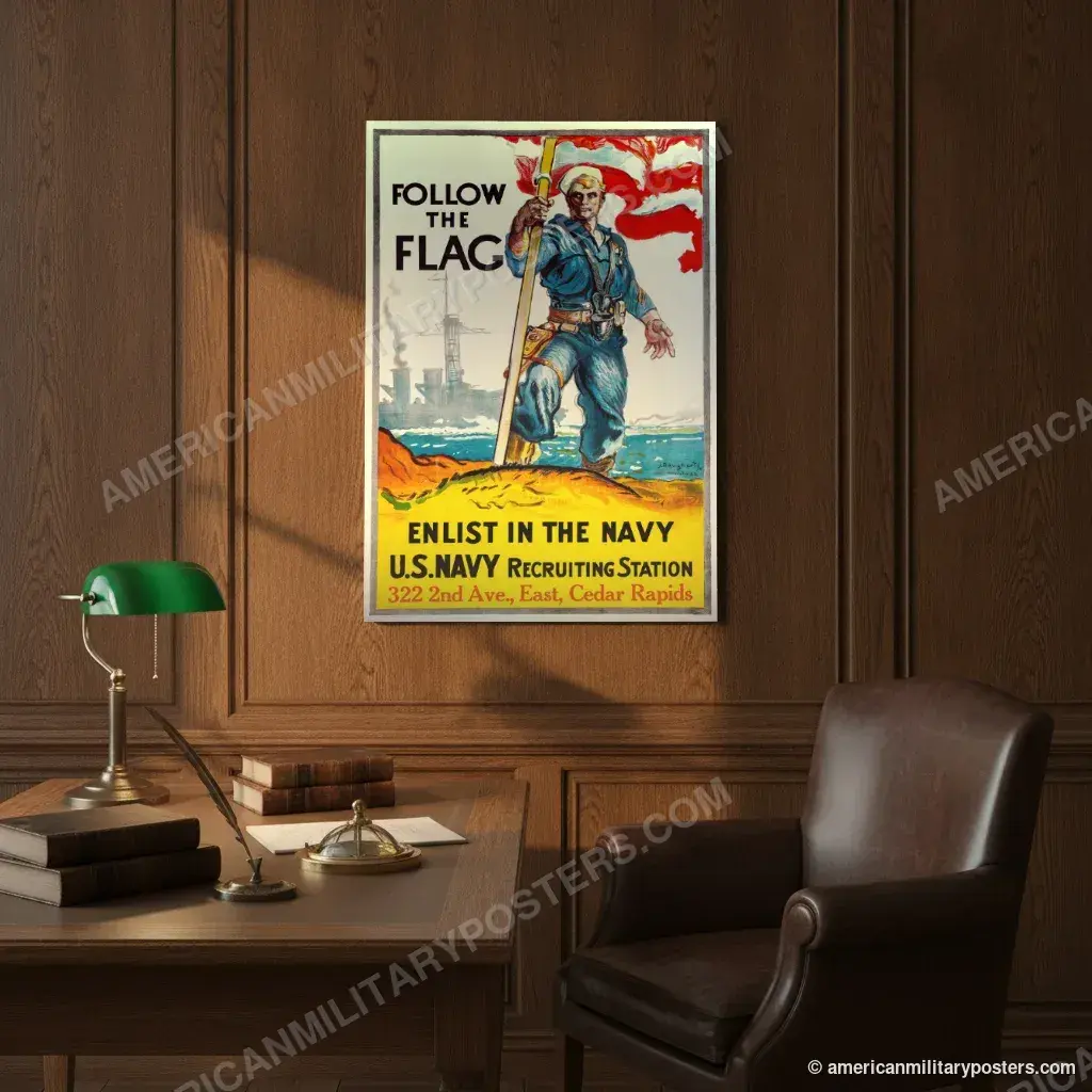 Follow the Flag, Enlist in the Navy poster, unframed print on an oak-panelled study wall above a desk