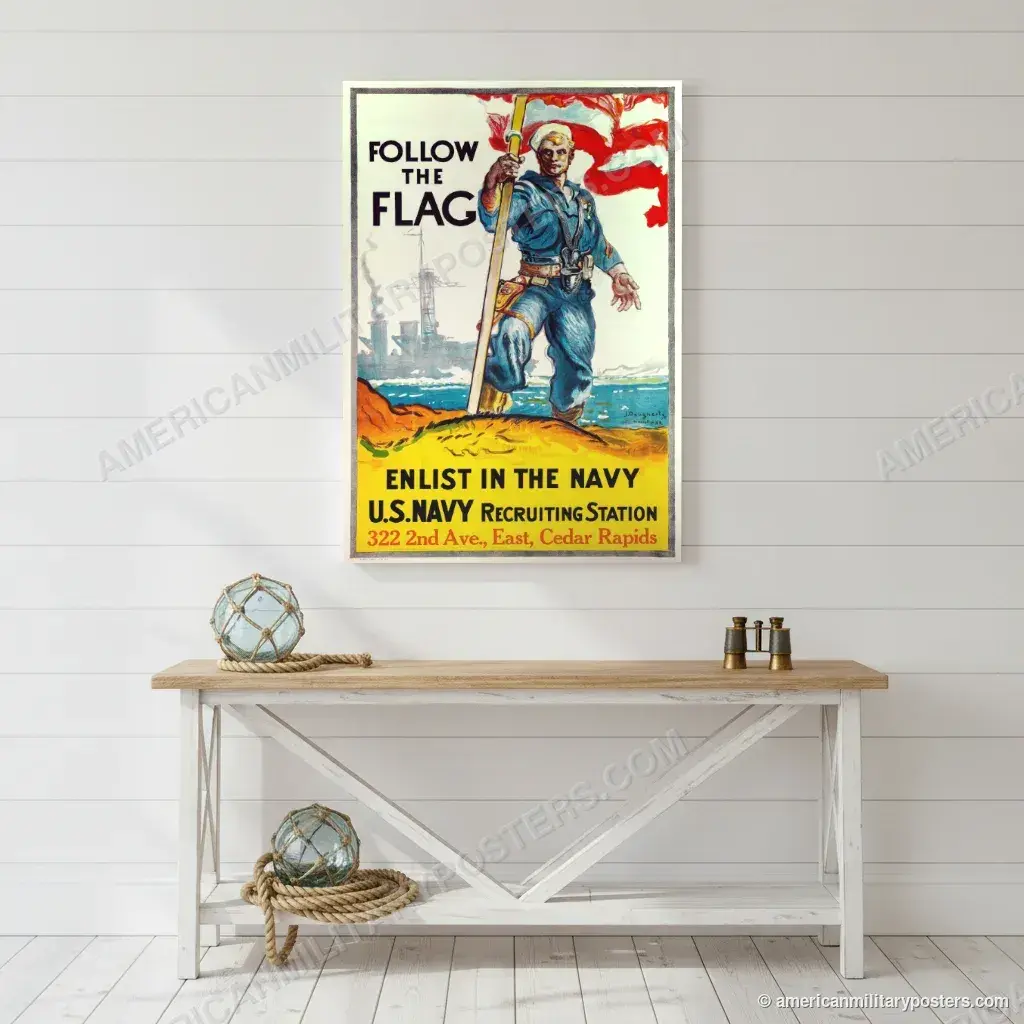 Follow the Flag, Enlist in the Navy poster, unframed print on a white shiplap wall in a coastal hallway