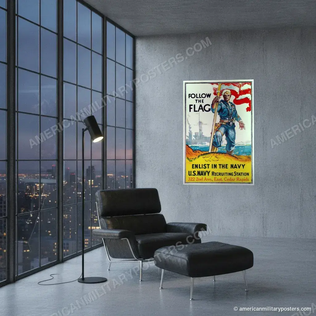 Follow the Flag, Enlist in the Navy poster, unframed print on a concrete wall in a city loft
