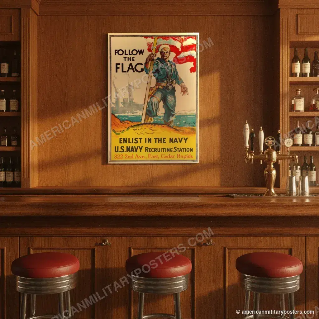 Follow the Flag, Enlist in the Navy poster, unframed print on the wall of a classic American bar