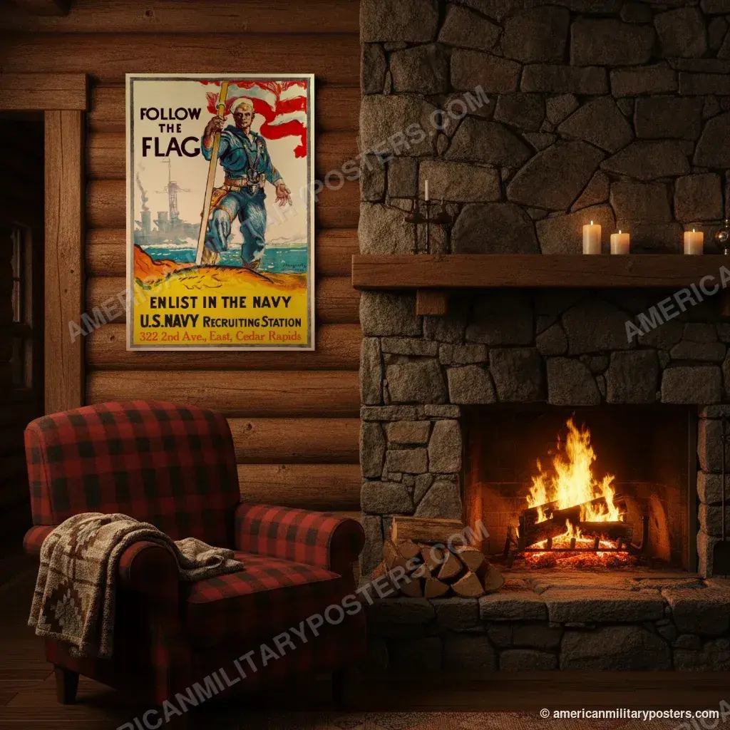 Follow the Flag, Enlist in the Navy poster, unframed print on a log cabin wall beside a fireplace