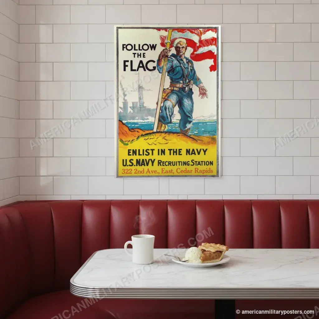 Follow the Flag, Enlist in the Navy poster, unframed print on a tiled wall above a retro diner booth