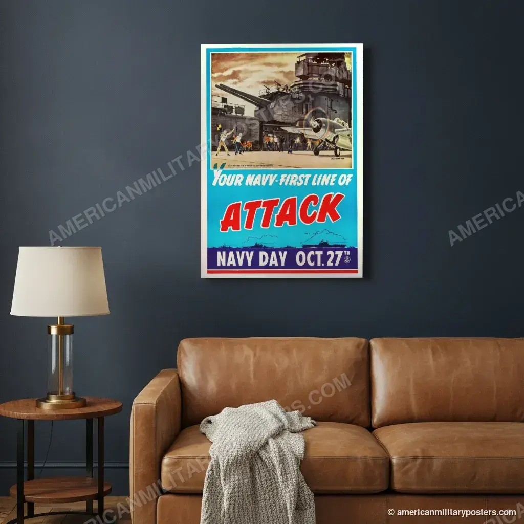 Your Navy, First Line of Attack poster, unframed print on a navy living room wall above a leather sofa