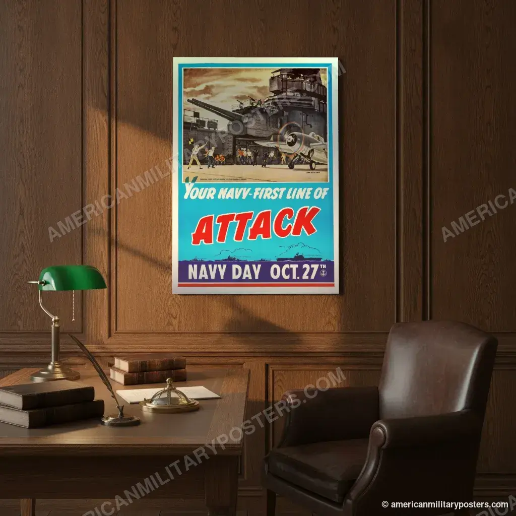 Your Navy, First Line of Attack poster, unframed print on an oak-panelled study wall above a desk